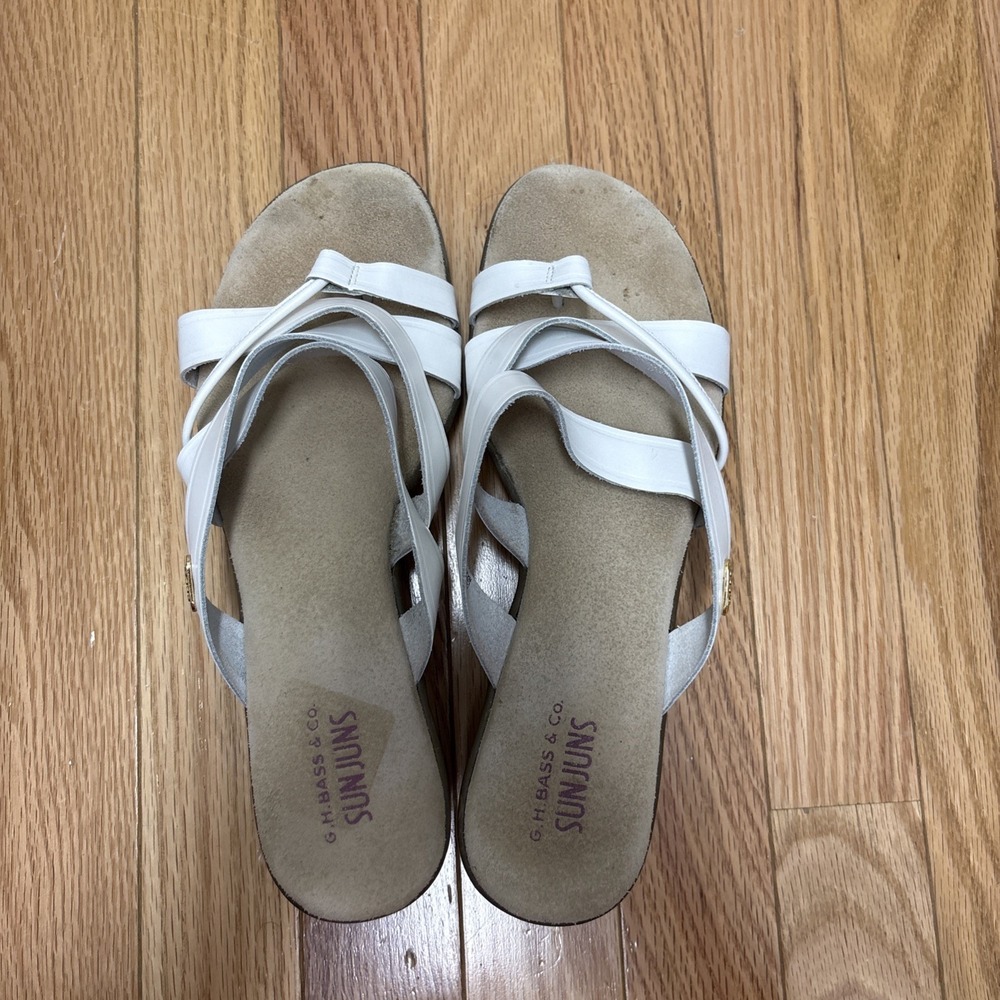 VTG GH Bass Co Sunjuns Strappy Wedge Thong Sandal White Leather Sharon- Size 9.5